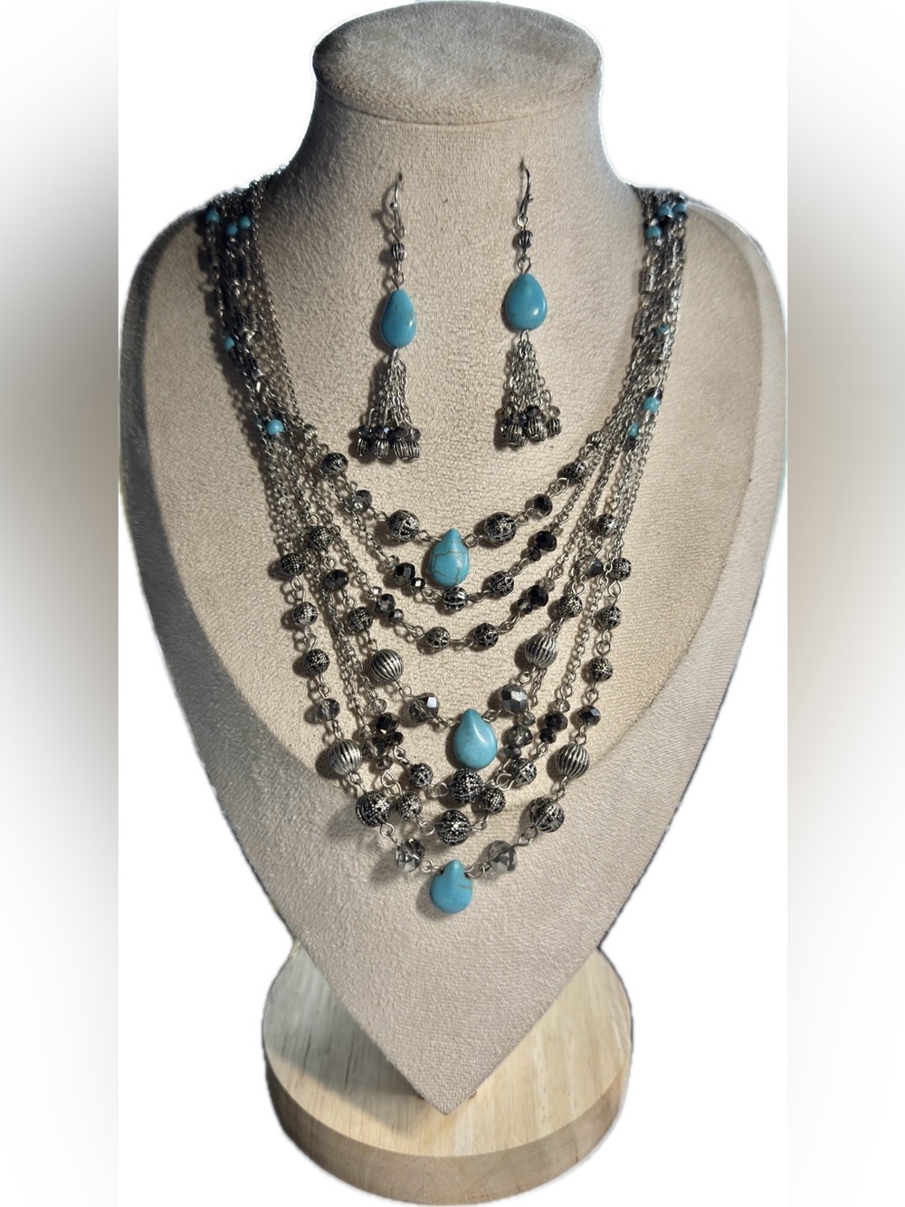 Shyanne Silver-Tone Layered Necklace with Turquoise Teardrops and Earrings